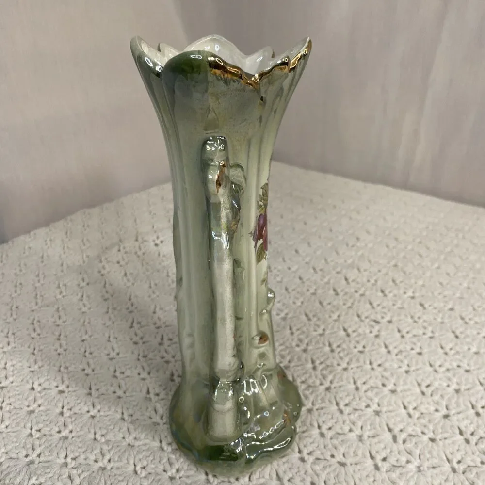 Vintage Hand Painted Lusterware Vase Pottery Made In Taiwan Floral Gold Accents